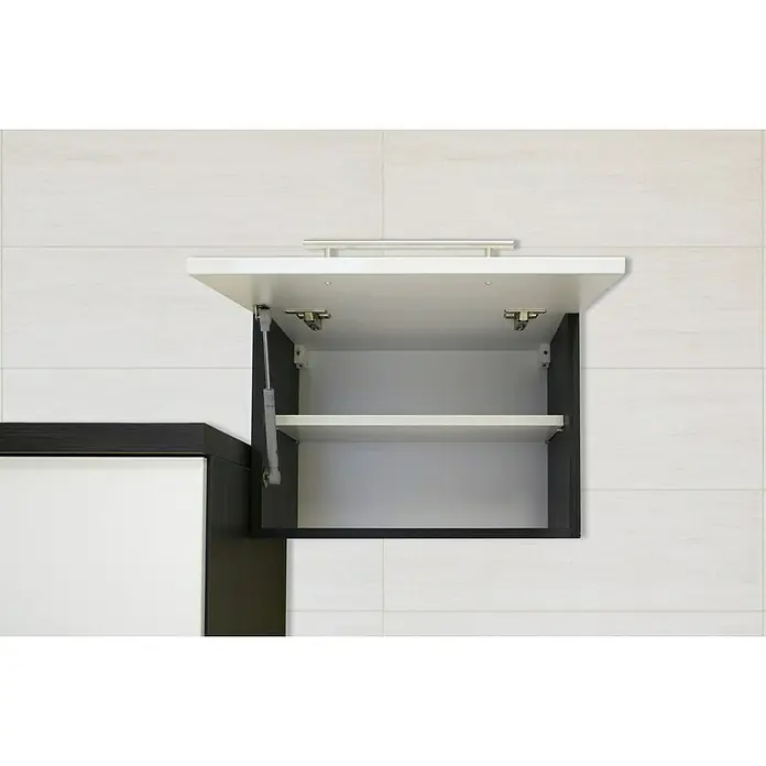 Respekta Premium Küchenzeile RP310HEWBO - Breite: 310 cm, Weiß, Mit Elektrogeräten - Geöffneter Küchenschrank in Schwarz und Weiß mit einer silbernen Stange, der Stauraum und Funktionalität bietet.