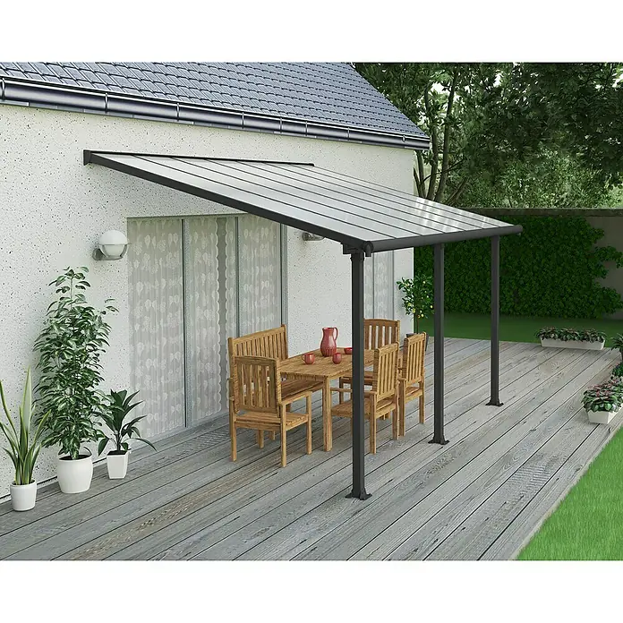 Palram – Canopia Marquesina adosada Olympia - An x Pr: 425 x 300 cm, Gris antracita, Policarbonato, Transparente - Patio cubierto con mesa de comedor y sillas, ideal para comidas al aire libre. Disfrute de la comodidad y la protección que ofrece la cubierta.
