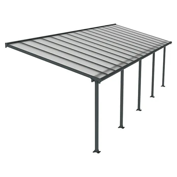 Palram – Canopia Marquesina adosada Olympia - An x Pr: 915 x 300 cm, Gris antracita, Policarbonato, Transparente - Cochera con techo de paneles translúcidos y estructura gris.