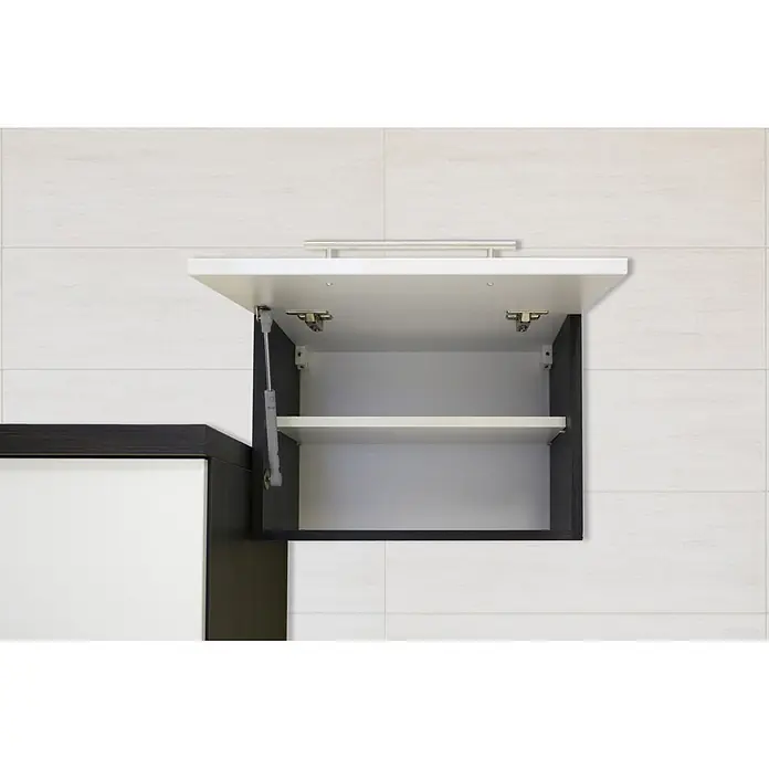 Respekta Premium Cocina de isla Amanda - Ancho: 280 cm, Roble/Negro, Con electrodomésticos - Armario de pared abierto con marco oscuro, interior blanco y un estante. Puerta de apertura superior con amortiguador de gas y tirador plateado.