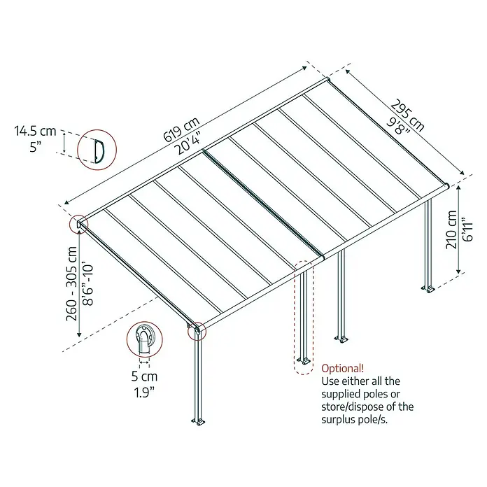 Palram – Canopia Marquesina adosada Olympia - An x Pr: 610 x 300 cm, Blanco tráfico, Policarbonato, Transparente - Representación esquemática de un pabellón, mostrando las medidas de altura, longitud y anchura en centímetros y pies.