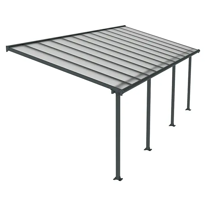 Palram – Canopia Marquesina adosada Olympia - An x Pr: 730 x 300 cm, Gris antracita, Policarbonato, Transparente - La imagen muestra una cubierta de patio gris con un techo de listones y pilares de soporte sobre un fondo negro.