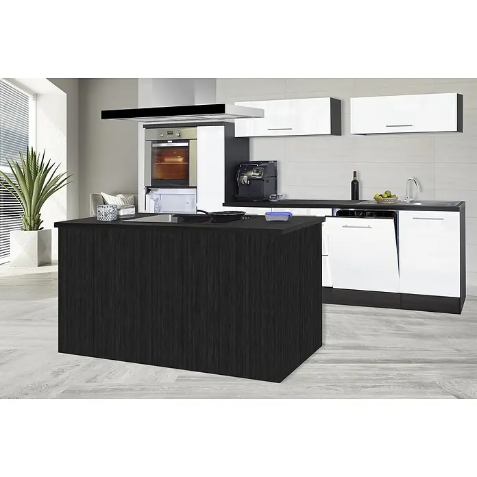 Respekta Premium Cocina de isla Amanda - Ancho: 310 cm, Roble/Blanco, Con electrodomésticos - Isla de cocina con acabado de vetas de madera oscura y armarios de cocina a juego. Diseño elegante para cocinas modernas.
