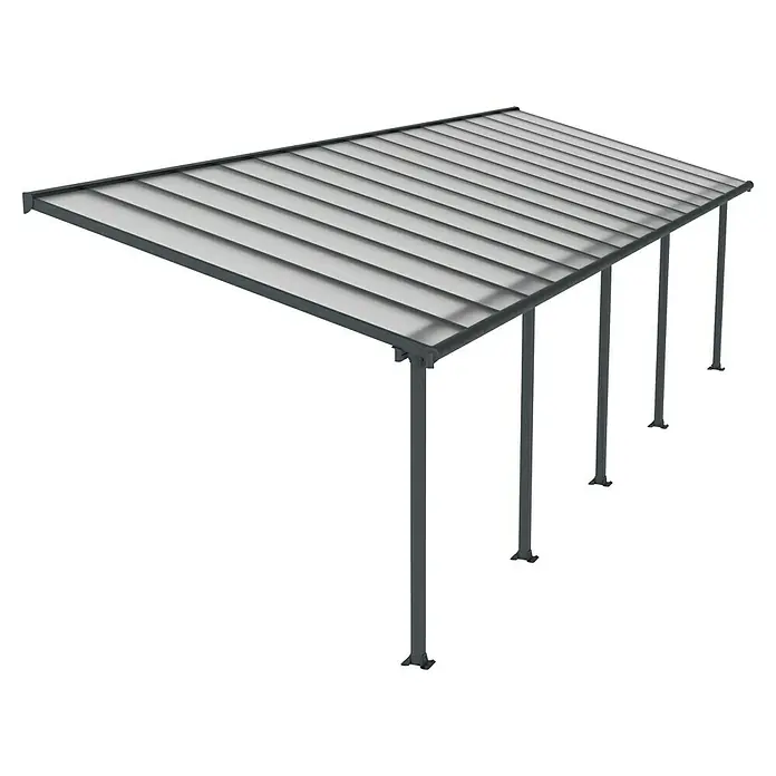 Palram – Canopia Marquesina adosada Olympia - An x Pr: 971 x 300 cm, Gris antracita, Policarbonato, Transparente - Imagen de una elegante cubierta de patio con postes grises robustos y un techo elegante. Ideal para espacios exteriores.