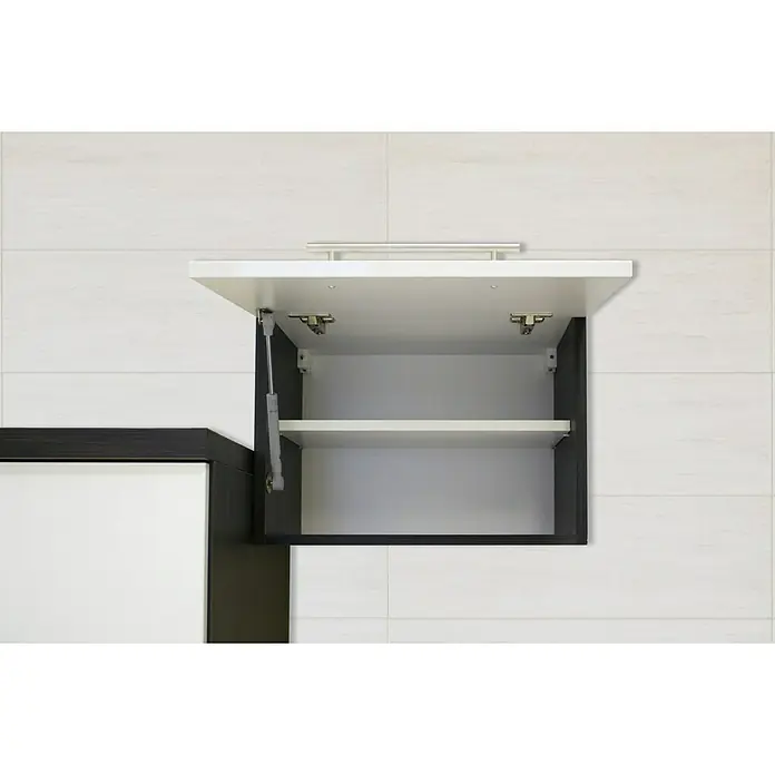 Respekta Premium Küchenzeile RP210EGCBO - Breite: 210 cm, Grau, Mit Elektrogeräten - Das Bild zeigt einen modernen, hängenden Küchenschrank mit einer weißen Innenausstattung und einem eleganten, dunklen Rahmen. Der Schrank hat ein Regal.