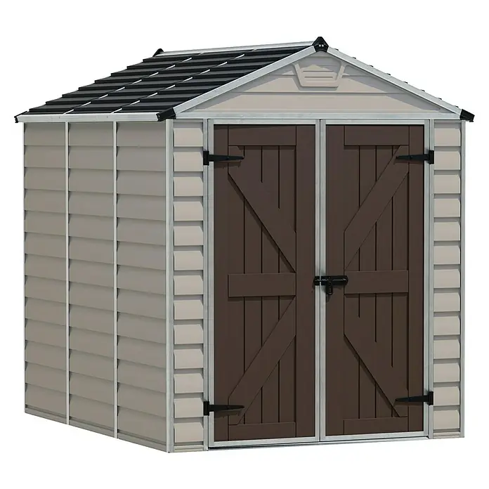 Palram – Canopia Caseta de jardín Skylight - Medidas ext. (An x Pr): 185 x 229 cm, Plástico, Beige/Marrón - Imagen de una caseta de almacenamiento para exteriores con puertas dobles, ideal para guardar equipos y herramientas.
