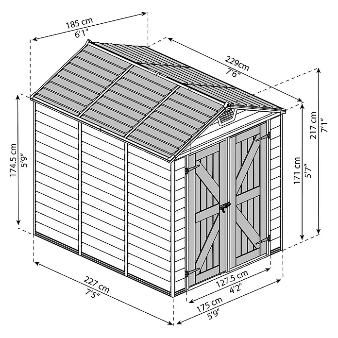 Palram – Canopia Caseta de jardín Skylight - Medidas ext. (An x Pr): 185 x 229 cm, Plástico, Beige/Marrón - Ilustración de una caseta de jardín con dimensiones que indican altura, anchura y profundidad en centímetros y pies.