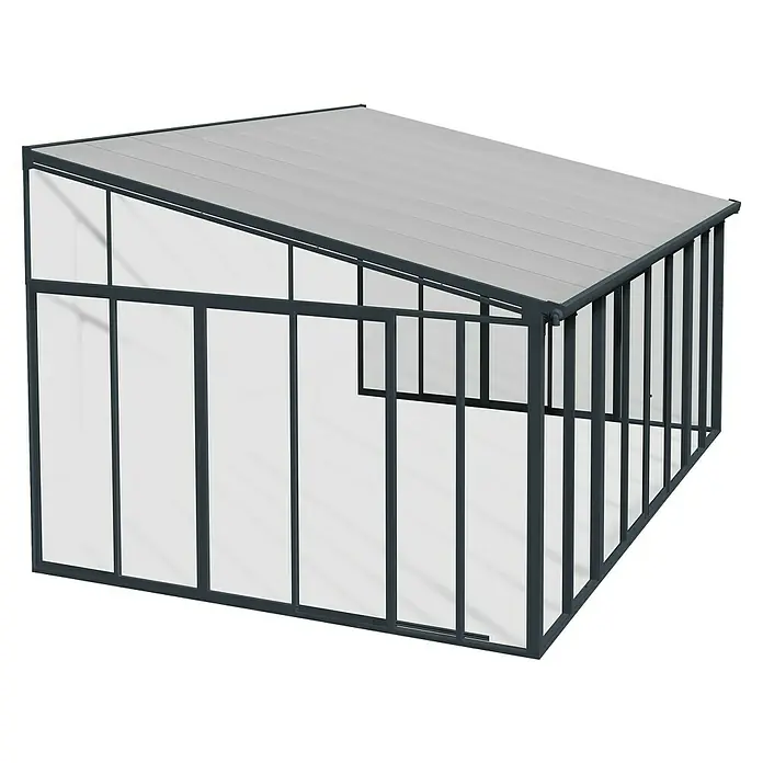 Palram – Canopia Porche acristalado San Remo - An x Pr x Al: 4,25 x 4 x 3,1 m, Gris antracita - Una caseta de herramientas moderna con marco gris y techo inclinado, ideal para el almacenamiento en el jardín y para acentuar con estilo su espacio exterior.