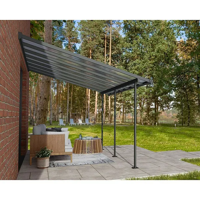 Palram – Canopia Marquesina adosada Sierra - An x Pr: 434 x 299 cm, Antracita, Policarbonato, Gris - Una pérgola moderna con muebles de exterior elegantes, que invita a la relajación. La pérgola proporciona sombra y protección de los elementos.