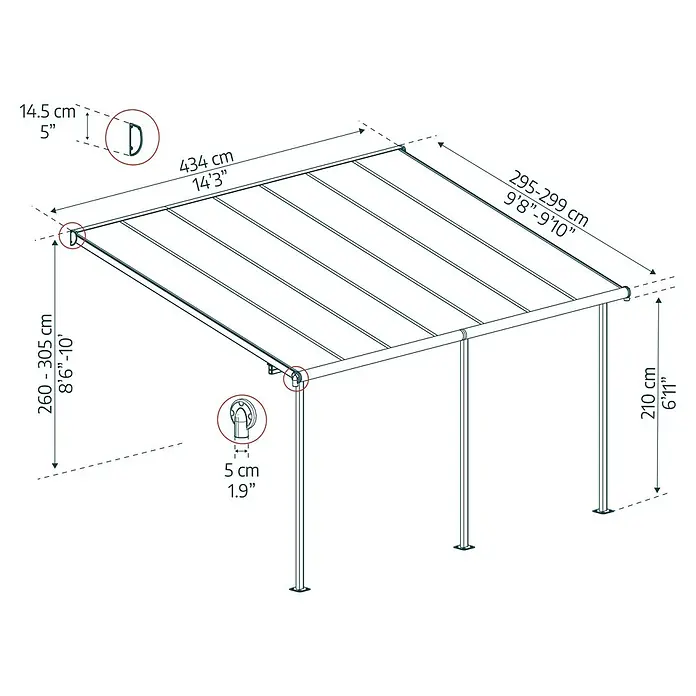 Palram – Canopia Marquesina adosada Capri - An x Pr: 434 x 299 cm, Antracita, Policarbonato, Gris - Dibujo técnico de una cubierta de patio independiente con dimensiones de altura, ancho y profundidad.