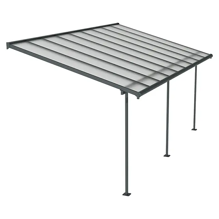 Palram – Canopia Marquesina adosada Sierra - An x Pr: 555 x 299 cm, Antracita, Policarbonato, Gris - Primer plano de una cochera moderna con marco gris y techo translúcido, ideal para proteger los vehículos de las inclemencias del tiempo.