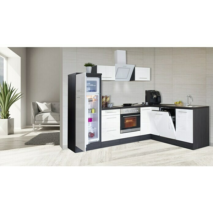Respekta Premium Cocina esquinera (Ancho: 260 cm, Con dispositivos eléctricos, Blanco de alto brillo)