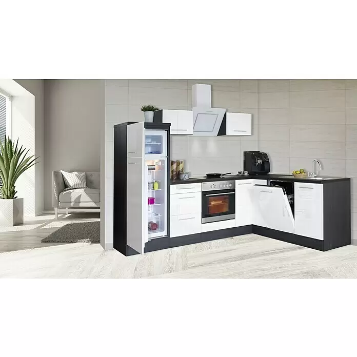 Respekta Premium Cocina esquinera Amanda - An x Pr: 260 x 60 cm, Roble/Blanco, Con electrodomésticos - Cocina moderna en forma de L con gabinetes blancos brillantes, encimeras oscuras, horno, placa, fregadero y nevera y lavavajillas abiertos.