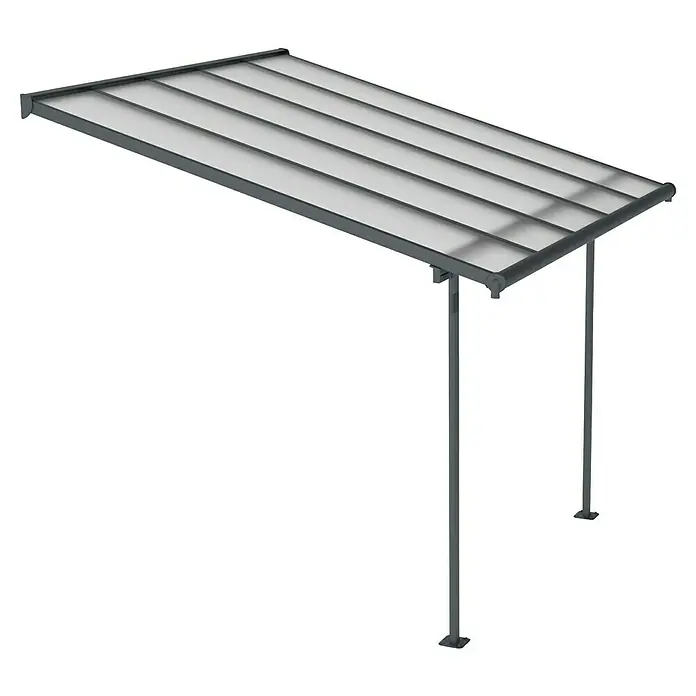Palram – Canopia Marquesina adosada Sierra - An x Pr: 314 x 299 cm, Antracita, Policarbonato, Gris - Una elegante marquesina con líneas limpias y diseño moderno que ofrece protección contra la intemperie. La estructura es de metal gris robusto.