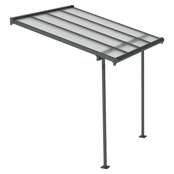 Palram – Canopia Marquesina adosada Sierra - An x Pr: 224,5 x 228 cm, Antracita, Policarbonato, Gris - Imagen de una cochera de policarbonato con marcos y soportes grises. El diseño proporciona refugio de los elementos climáticos.