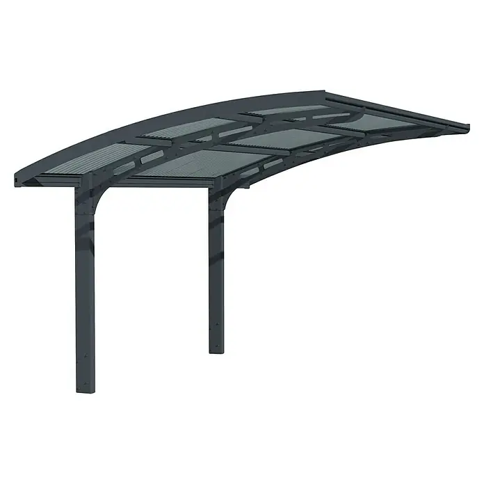 Palram – Canopia Carport Arizona Wave - Medidas ext. (An x Pr): 289 x 495 cm, Carport individual, Gris - Una marquesina con techo de metal corrugado gris, sostenida por dos columnas grises, ofrece refugio de los elementos. Ideal para exterior.