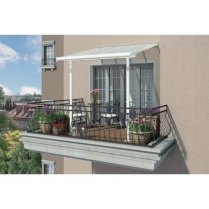 Palram – Canopia Marquesina adosada Sierra - An x Pr: 224,5 x 228 cm, Blanco, Policarbonato, Gris - Elegante toldo de balcón con estructura blanca y techo transparente. Protege del sol y la lluvia, ideal para relajarse al aire libre.