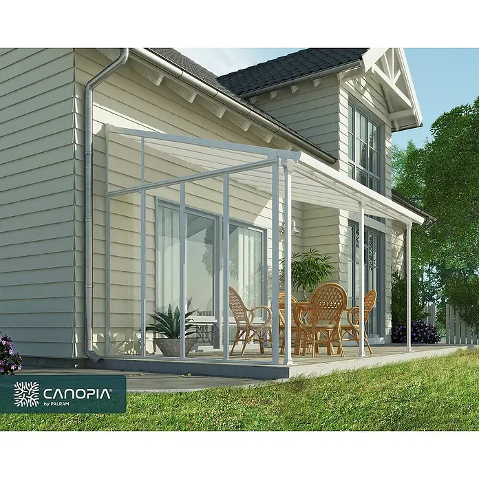 Palram – Canopia Panel lateral Sidewall - Blanco - Una cubierta de patio Canopia moderna de Palram, que crea un espacio exterior elegante y funcional. Perfecto para momentos de relax al aire libre.