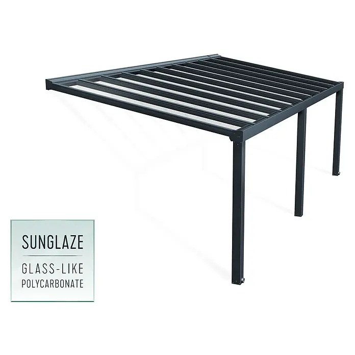 Palram – Canopia Marquesina adosada Stockholm - An x Pr: 740 x 340 cm, Gris antracita, Policarbonato, Transparente - Imagen de una pérgola gris con la nota de que está hecha de policarbonato similar al vidrio conocido como Sunglaze.
