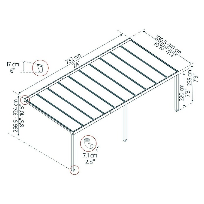 Palram – Canopia Terrassenüberdachung Stockholm (B x T: 740 x 340 cm, Anthrazitgrau, Polycarbonat, Transparent) | BAUHAUS