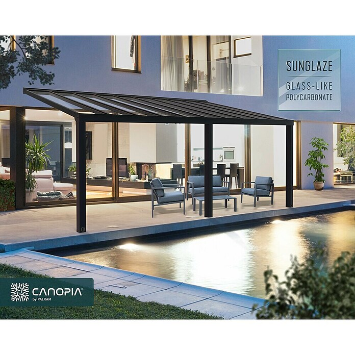 Palram – Canopia Marquesina adosada Stockholm (An x Pr: 740 x 340 cm, Gris antracita, Policarbonato, Transparente) | BAUHAUS
