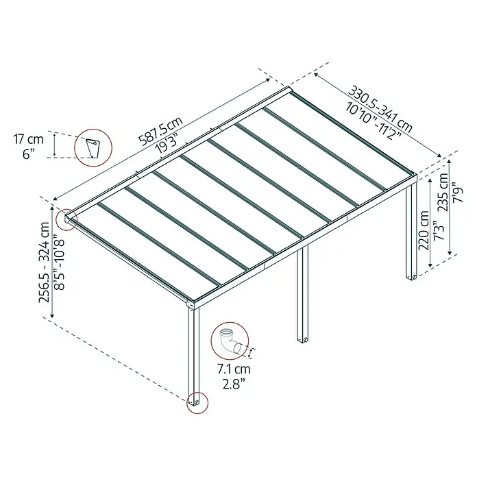 Palram – Canopia Marquesina adosada Stockholm - An x Pr: 590 x 340 cm, Gris antracita, Policarbonato, Transparente - Ilustración de una cubierta de patio con medidas de altura, anchura y grosor de los postes en centímetros y pulgadas.