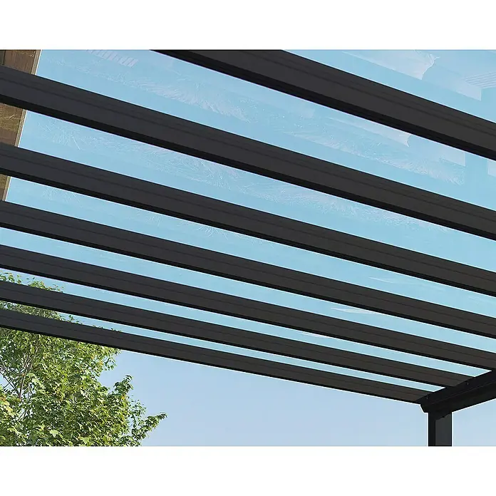 Palram – Canopia Marquesina adosada Stockholm - An x Pr: 660 x 340 cm, Gris antracita, Policarbonato, Transparente - Primer plano de un techo de patio transparente con elegantes marcos de metal oscuro, que ofrece una vista clara del cielo.
