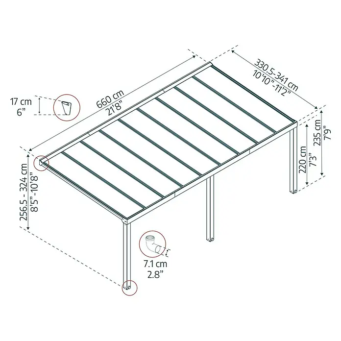 Palram – Canopia Marquesina adosada Stockholm - An x Pr: 660 x 340 cm, Gris antracita, Policarbonato, Transparente - Dibujo técnico de una pérgola con dimensiones de altura, anchura y profundidad en centímetros y pulgadas.