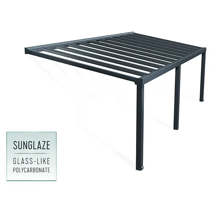 Palram – Canopia Marquesina adosada Stockholm - An x Pr: 810 x 340 cm, Gris antracita, Policarbonato, Transparente - Estructura superior con marco de metal negro y diseño de listones para uso exterior.