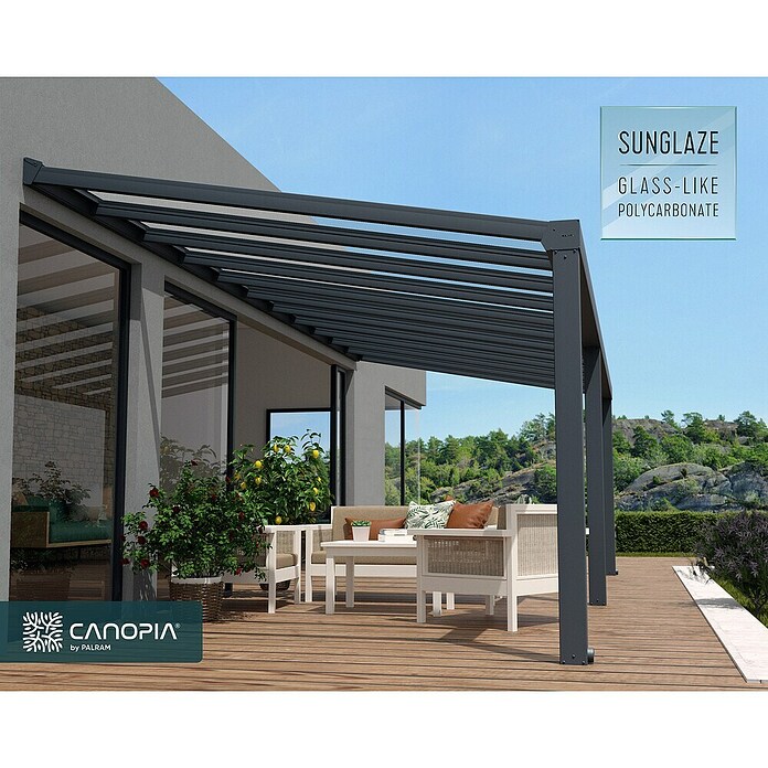 Palram – Canopia Marquesina adosada Stockholm (An x Pr: 810 x 340 cm, Gris antracita, Policarbonato, Transparente) | BAUHAUS