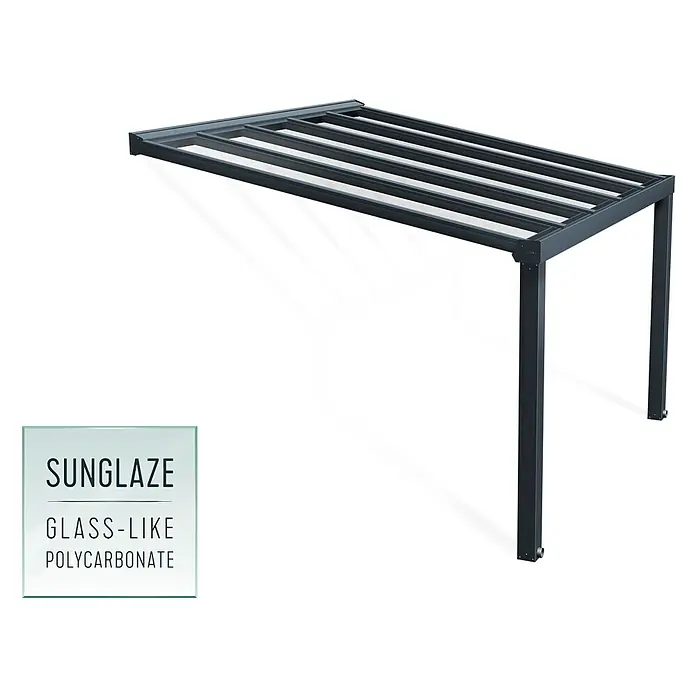 Palram – Canopia Marquesina adosada Stockholm - An x Pr: 368 x 340 cm, Gris antracita, Policarbonato, Transparente - Imagen de un marco de pérgola modular de policarbonato SunGlaze en color antracita con un elemento de vidrio rectangular.