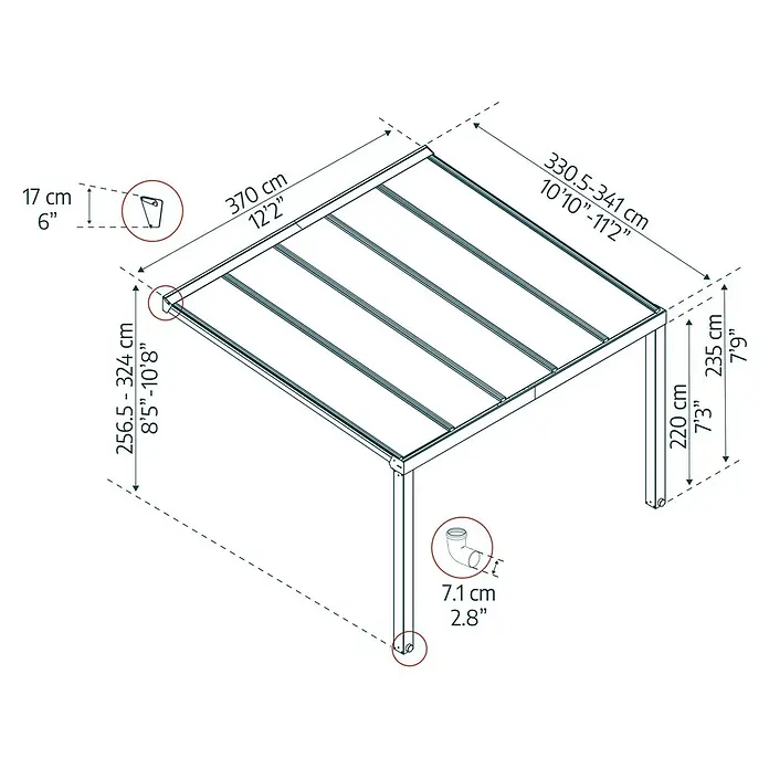 Palram – Canopia Terrassenüberdachung Stockholm - B x T: 368 x 340 cm, Anthrazitgrau, Polycarbonat, Transparent - Schematische Darstellung eines Pavillons mit Maßangaben zu Länge, Höhe und Detailzeichnungen von Eckverbindungen.