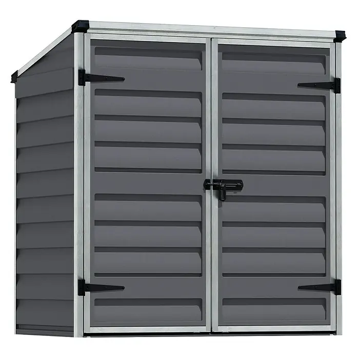 Palram – Canopia Arcón Voyager - L x An x Al: 90 x 139 x 146 cm, Gris oscuro, Policarbonato - Imagen de un cobertizo de jardín de plástico gris con dos puertas, ideal para guardar herramientas y muebles de jardín.