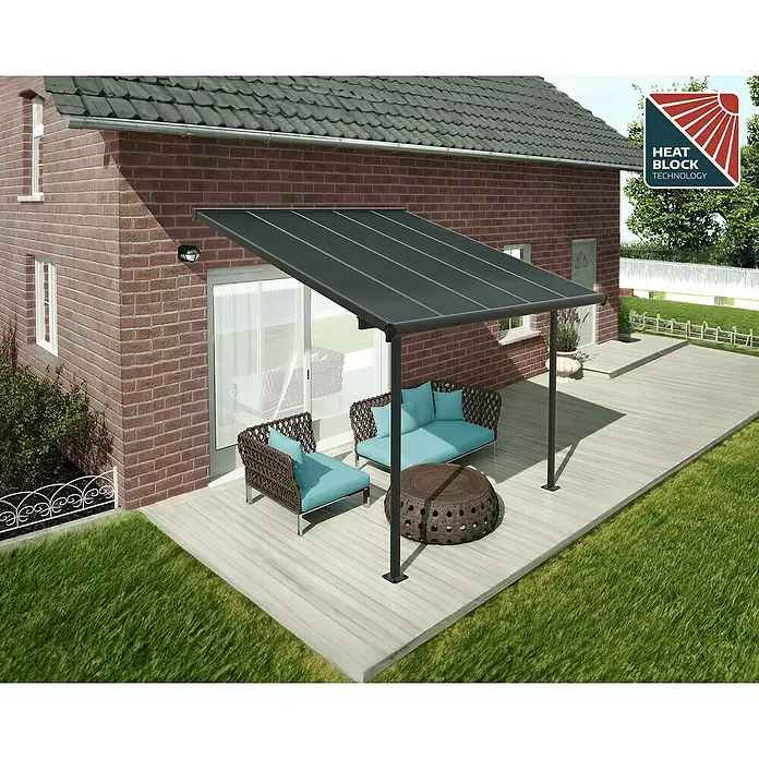 Palram – Canopia Marquesina adosada Capri - An x Pr: 314 x 299 cm, Antracita, Policarbonato, Gris - Área de patio cubierta con toldo gris, muebles de ratán y mesa redonda para momentos de relax al aire libre.