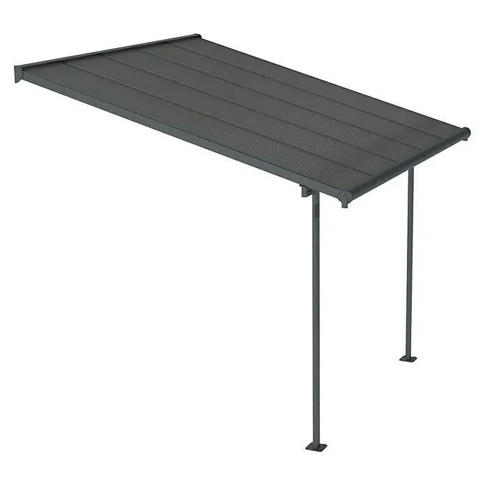 Palram – Canopia Marquesina adosada Capri - An x Pr: 314 x 299 cm, Antracita, Policarbonato, Gris - Imagen de una cubierta de patio moderna con un techo gris y robustos postes de soporte, ideal para espacios exteriores.