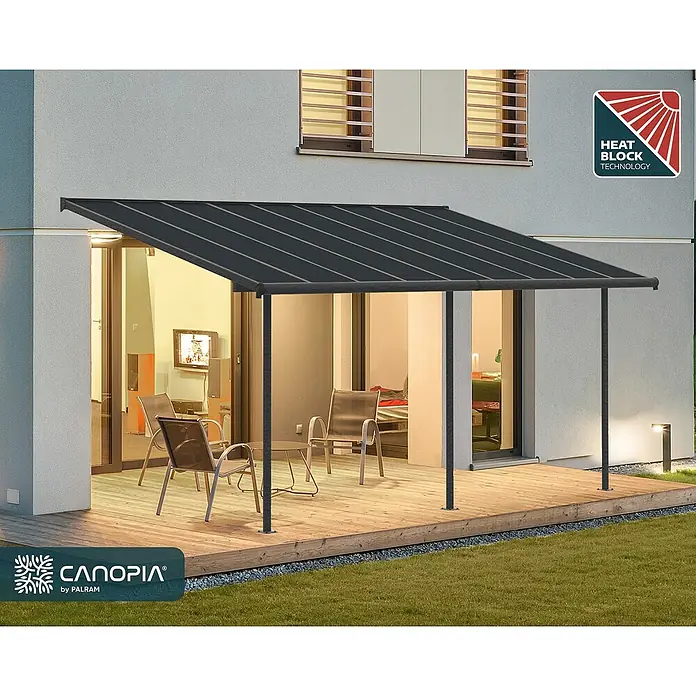 Palram – Canopia Terrassenüberdachung Capri - B x T: 555 x 299 cm, Anthrazitgrau, Polycarbonat, Grau - Bild einer modernen Terrassenüberdachung mit dunklem Dach und schlanken Stützpfosten, die einen stilvollen Außenbereich schafft.