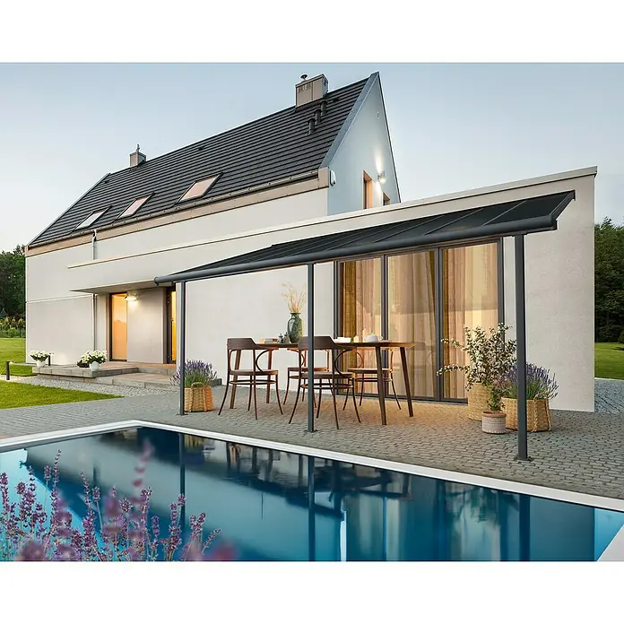 Palram – Canopia Marquesina adosada Capri - An x Pr: 555 x 299 cm, Antracita, Policarbonato, Gris - Una casa elegante con una cubierta de patio moderna, que mejora el espacio exterior y proporciona mayor comodidad.