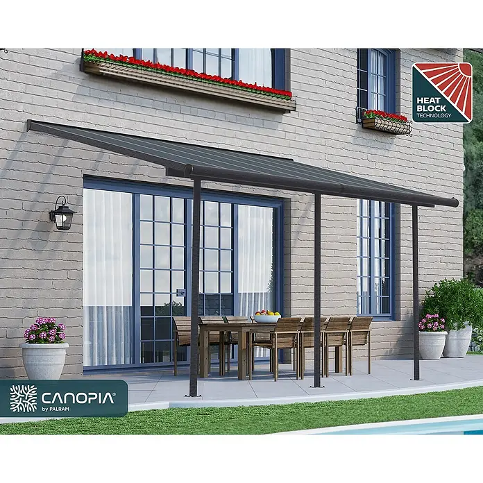 Palram – Canopia Terrassenüberdachung Capri - B x T: 434 x 299 cm, Anthrazitgrau, Polycarbonat, Grau - Ein Terrassenüberdachung mit Wärmeblocktechnologie bietet stilvollen Schutz vor der Sonne und erweitert den Wohnraum im Freien.
