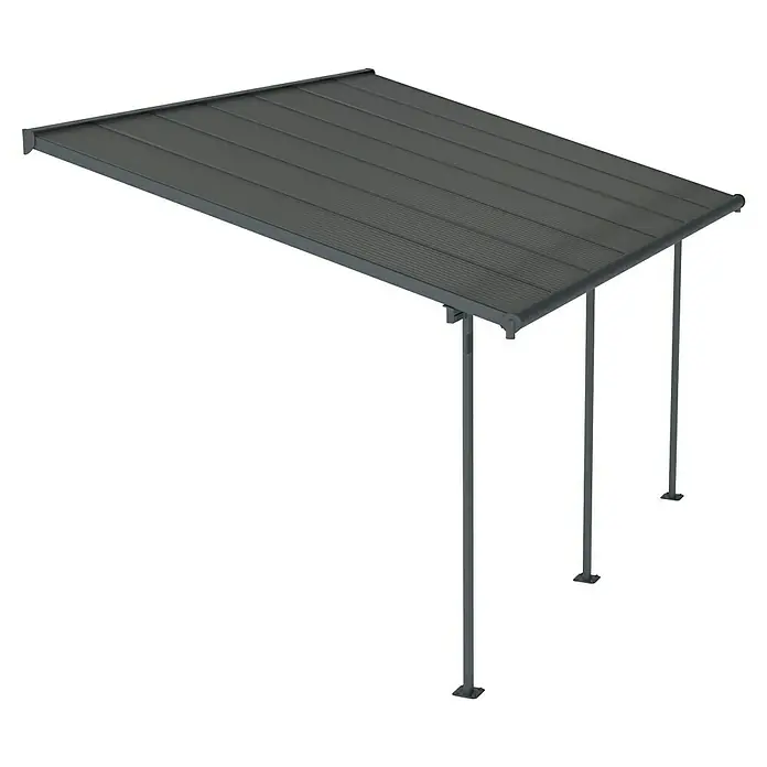 Palram – Canopia Marquesina adosada Capri - An x Pr: 434 x 299 cm, Antracita, Policarbonato, Gris - Vista de una cochera gris de Palram Canopia con un techo de policarbonato, que ofrece protección contra los elementos y protege el vehículo.