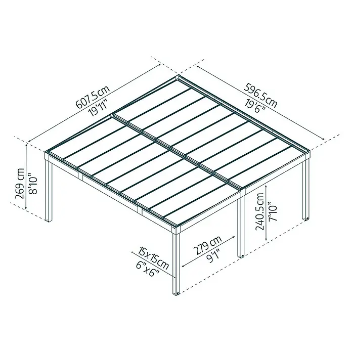 Palram – Canopia Carport Oslo - Medidas ext. (An x Pr): 5,96 x 6,07 m, Negro - Dibujo esquemático de un pabellón rectangular con dimensiones de altura, anchura y grosor de los postes.