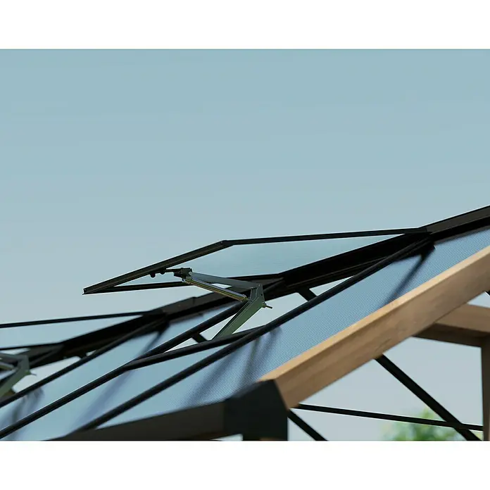 Palram – Canopia Invernadero Natura - Medidas ext. (An x Pr): 249 x 637 cm, Plástico, 4 mm, Natural - Primer plano de una ventana de invernadero con un abridor automático, que proporciona ventilación. La ventana está ligeramente abierta.