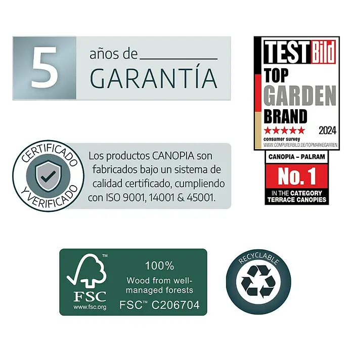 Palram – Canopia Invernadero Natura - Medidas ext. (An x Pr): 249 x 637 cm, Plástico, 4 mm, Natural - Imagen del producto con sellos de calidad, información de garantía y un logo FSC para la silvicultura sostenible.