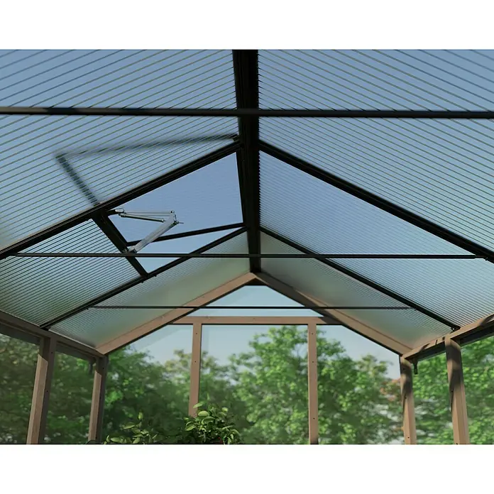 Palram – Canopia Invernadero Natura - Medidas ext. (An x Pr): 249 x 637 cm, Plástico, 4 mm, Natural - Vista interior de un invernadero con techo transparente y sistema de apertura de ventanas, para ventilación y crecimiento óptimos de las plantas.