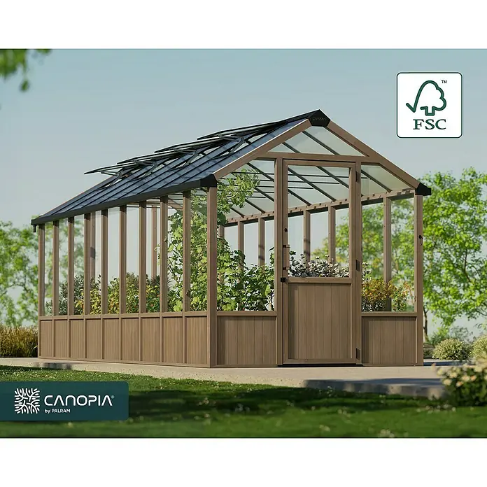 Palram – Canopia Invernadero Natura - Medidas ext. (An x Pr): 249 x 637 cm, Plástico, 4 mm, Natural - Un espacioso invernadero Canopia hecho de madera robusta, ideal para cultivar diversas plantas y verduras en tu propio jardín.