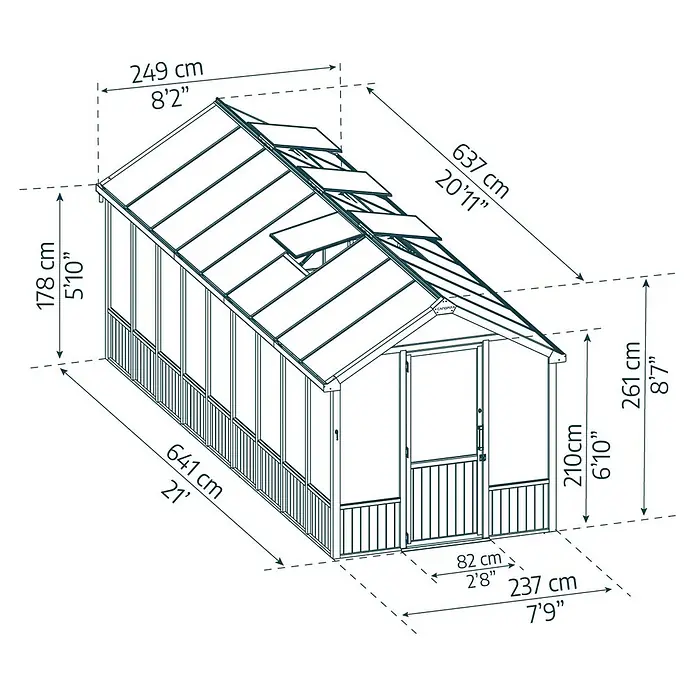 Palram – Canopia Invernadero Natura - Medidas ext. (An x Pr): 249 x 637 cm, Plástico, 4 mm, Natural - Esquema de un invernadero con dimensiones que indican la altura, la anchura y la longitud en centímetros y pies.