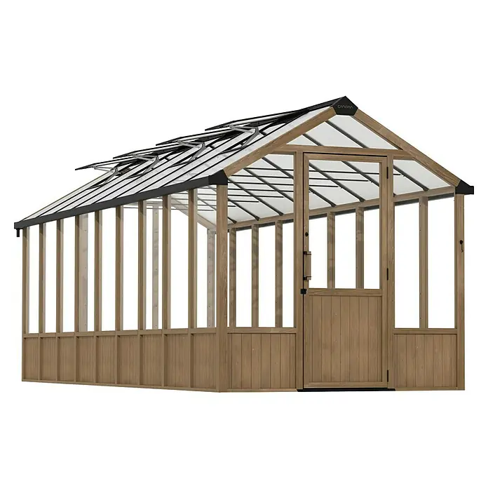 Palram – Canopia Invernadero Natura - Medidas ext. (An x Pr): 249 x 637 cm, Plástico, 4 mm, Natural - La imagen muestra un invernadero con estructura de madera y paneles transparentes, ideal para los amantes de la jardinería. La puerta está abierta, invitando a jardinear.
