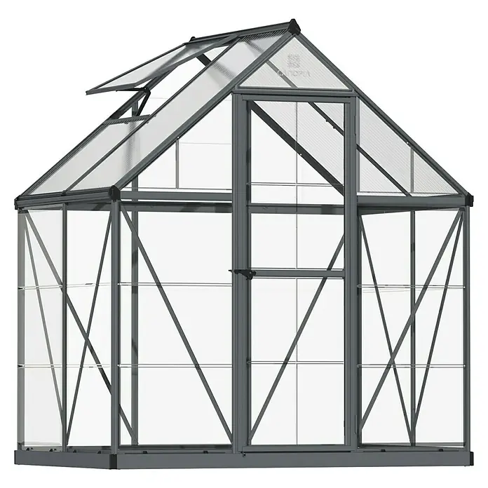 Palram – Canopia Invernadero Hybrid - Medidas ext. (An x Pr): 185 x 126 cm, 0,7 mm, Antracita - Esta imagen muestra un invernadero con un marco robusto y paneles transparentes, ideal para cultivar varias plantas.