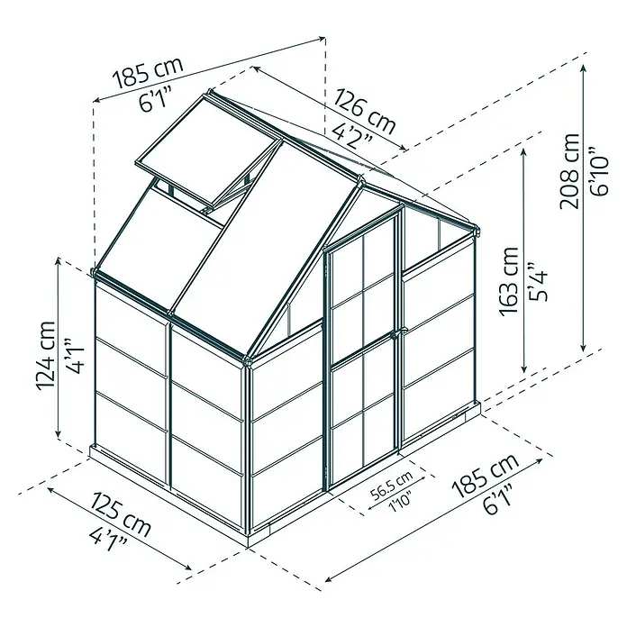 Palram – Canopia Invernadero Hybrid - Medidas ext. (An x Pr): 185 x 126 cm, 0,7 mm, Antracita - Un dibujo esquemático de un invernadero con dimensiones en centímetros y pies, destacando el tamaño y las dimensiones del producto.