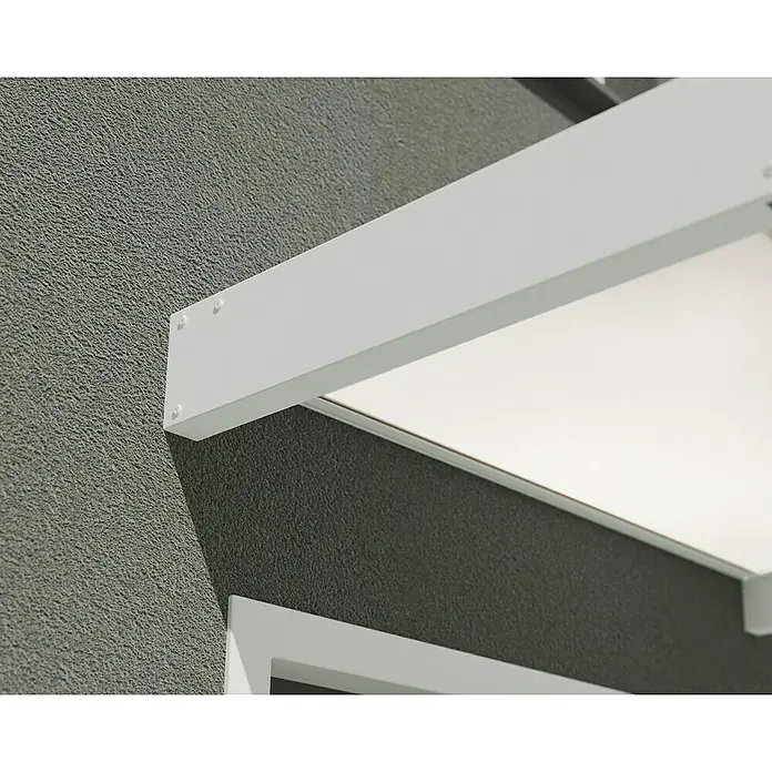 Palram – Canopia Marquesina para puerta Sophia - 160 x 95 x 17 cm, Blanco, Color del techo: Blanco opal - Primer plano de un toldo blanco moderno fijado a una fachada gris, que muestra un diseño minimalista y líneas limpias.