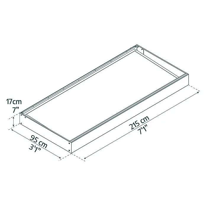 Palram – Canopia Marquesina para puerta Sophia - 215 x 95 x 17 cm, Blanco, Color del techo: Blanco opal - Ilustración de un huerto elevado rectangular con dimensiones de 215 cm de largo, 95 cm de ancho y 17 cm de alto, representado en un dibujo técnico.